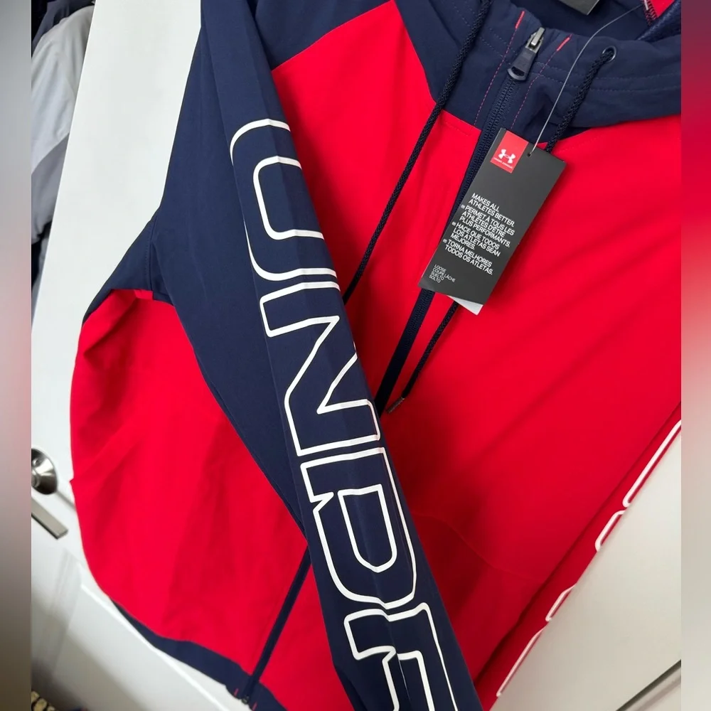 Under Armour Full Zip Hoodie Red Navy Logo Sleeves Men’s XL NWT - Picture 5 of 12